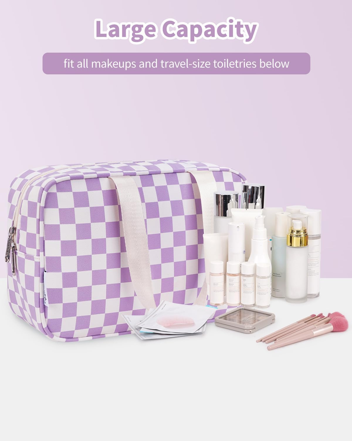 Narwey Large Checkered Travel Toiletry Bag Women Toiletries Bag Makeup Bag with Handle Make up bag Organizer Cosmetic Bag Medicine Bag for Girls (Purple Checkerboard, Large)