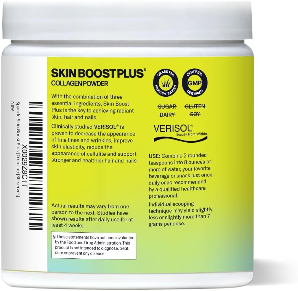 Sparkle Wellness VERISOL Bioactive Hydrolyzed Collagen Peptides | Collagen Powder Supplement with Vitamin C & Hyaluronic Acid for Hair, Skin, and Nail Health | Skin Boost Plus (Tropical) [30-Serves]