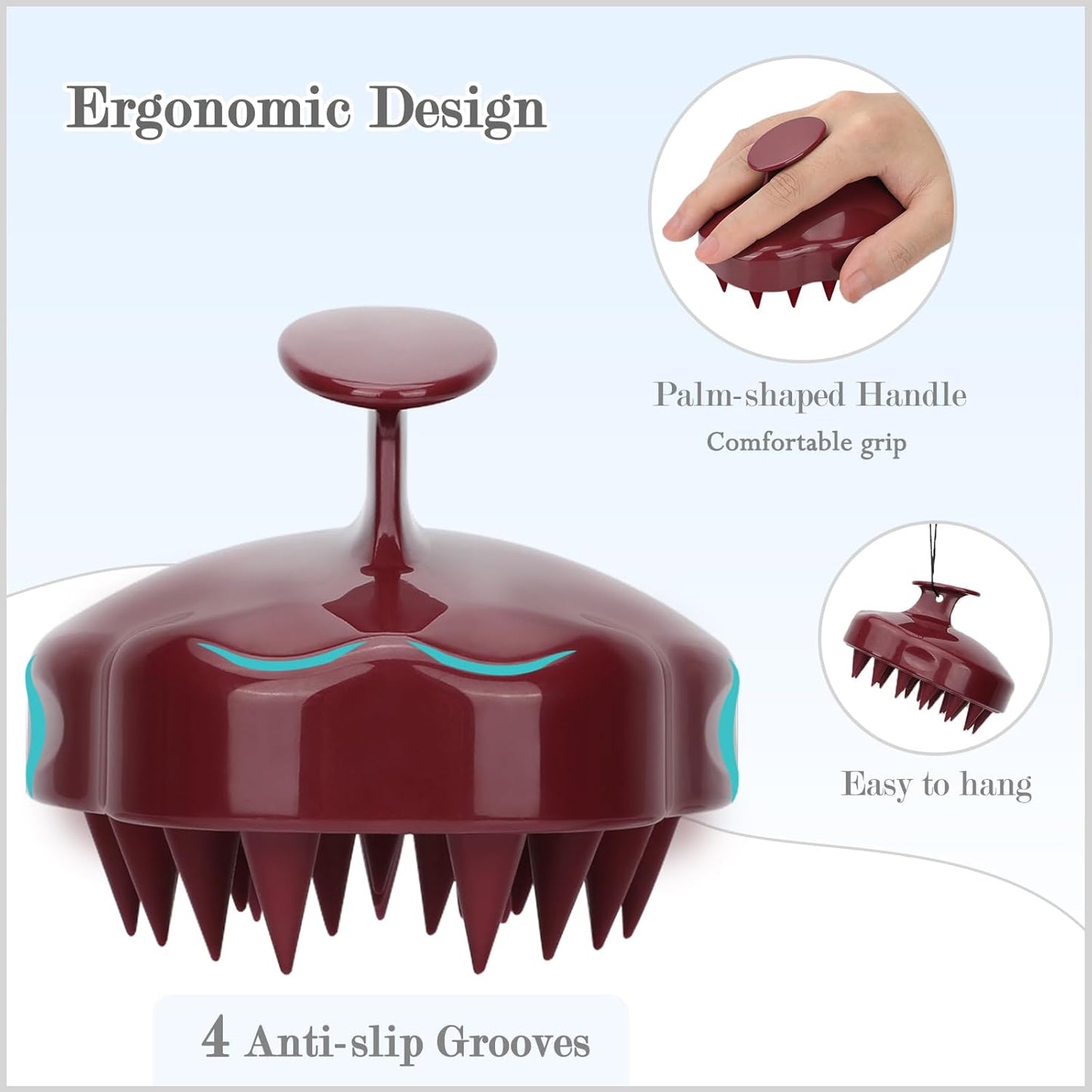 FREATECH Massager Shampoo Brush with Soft Silicone Bristles for Scalp Care, Shower Hair Scalp Scrubber Exfoliator for Dandruff Removal and Hair Growth, Wet & Dry for Men, Women and Kids, Red