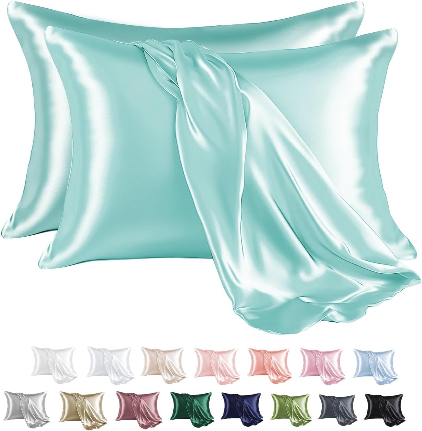 MR&HM Satin Pillowcase for Hair and Skin, Silk Satin Pillowcase 2 Pack, Standard Size Pillow Cases Set of 2, Silky Pillow Cover with Envelope Closure (20x26, Turquoise)