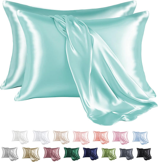 MR&HM Satin Pillowcase for Hair and Skin, Silk Satin Pillowcase 2 Pack, Standard Size Pillow Cases Set of 2, Silky Pillow Cover with Envelope Closure (20x26, Turquoise)