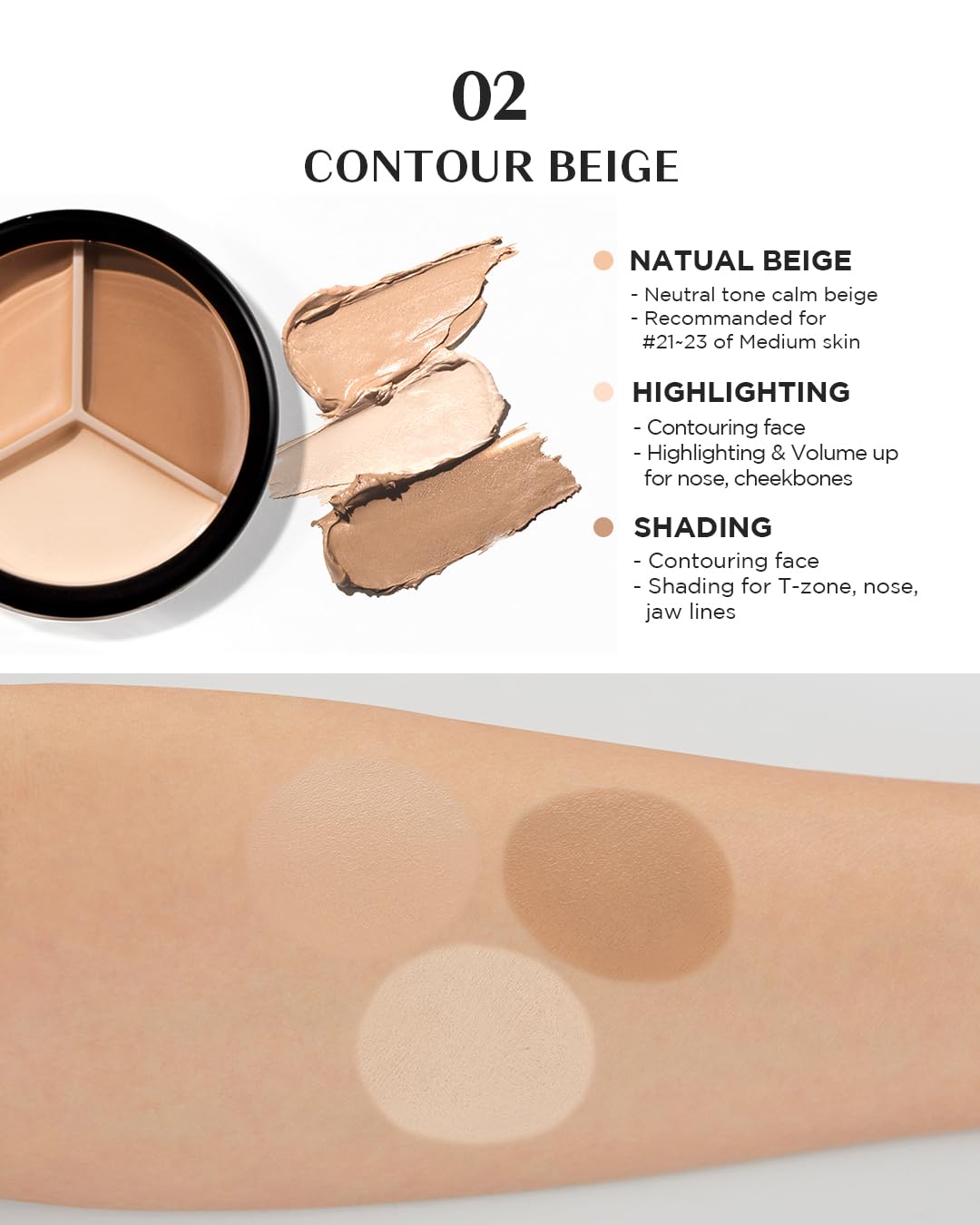 THESAEM Cover Perfection Triple Pot Concealer – 3 Color Concealer with Full Coverage Natural Beige Shade Covers Blemishes Spots, Highlighter & Contouring, 02 Contour Beige