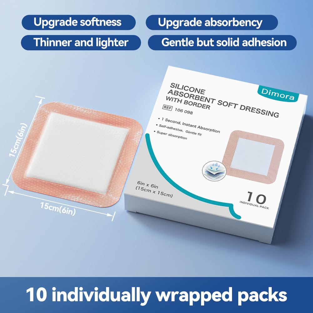 Dimora Silicone Super Absorbent Wound Dressings - Gentle Adhesive Bandages with Ultrasorb Polymer,Heavy Exudate Wound Care Pads 6"X 6" 10 Packs