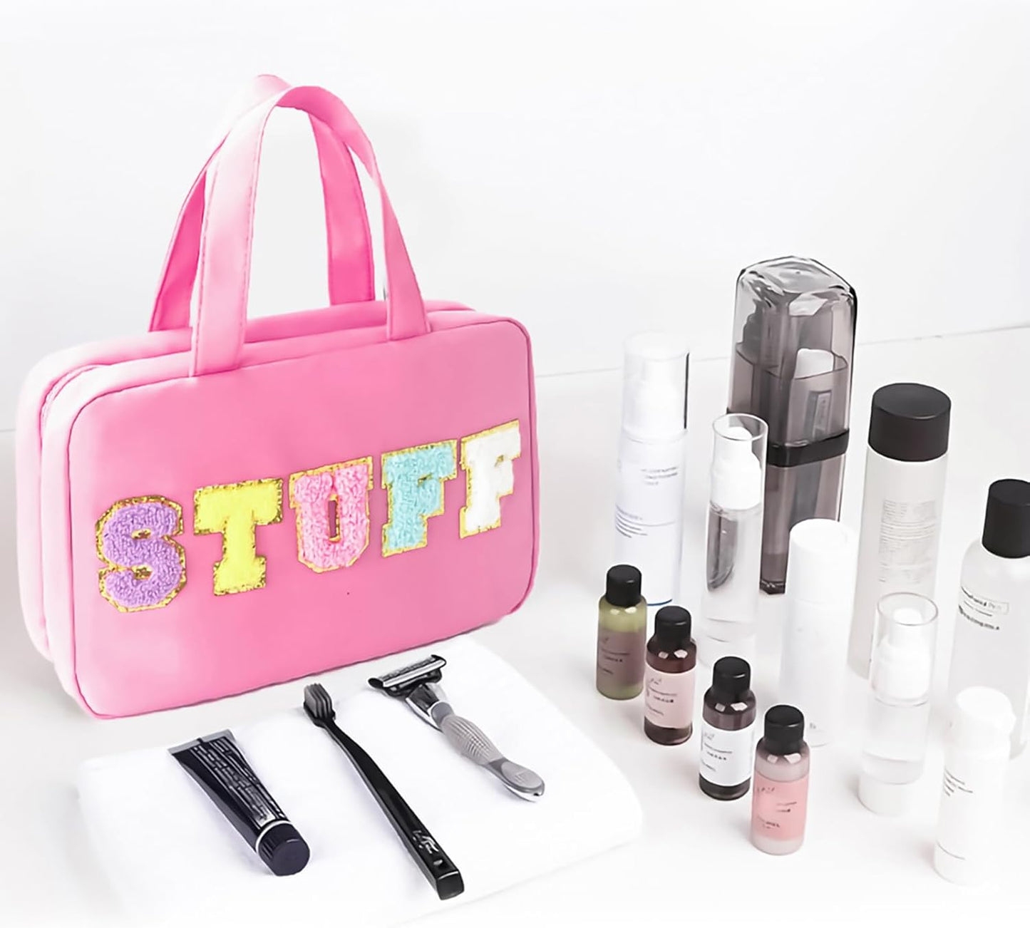 Toiletry Bag with Hanging Hook Chenille Letter Cosmetic Bag Spacious Travel Bag Water-resistant Makeup Bag for Store Toiletries Cosmetic Accessories and Sets for Women Rose Red