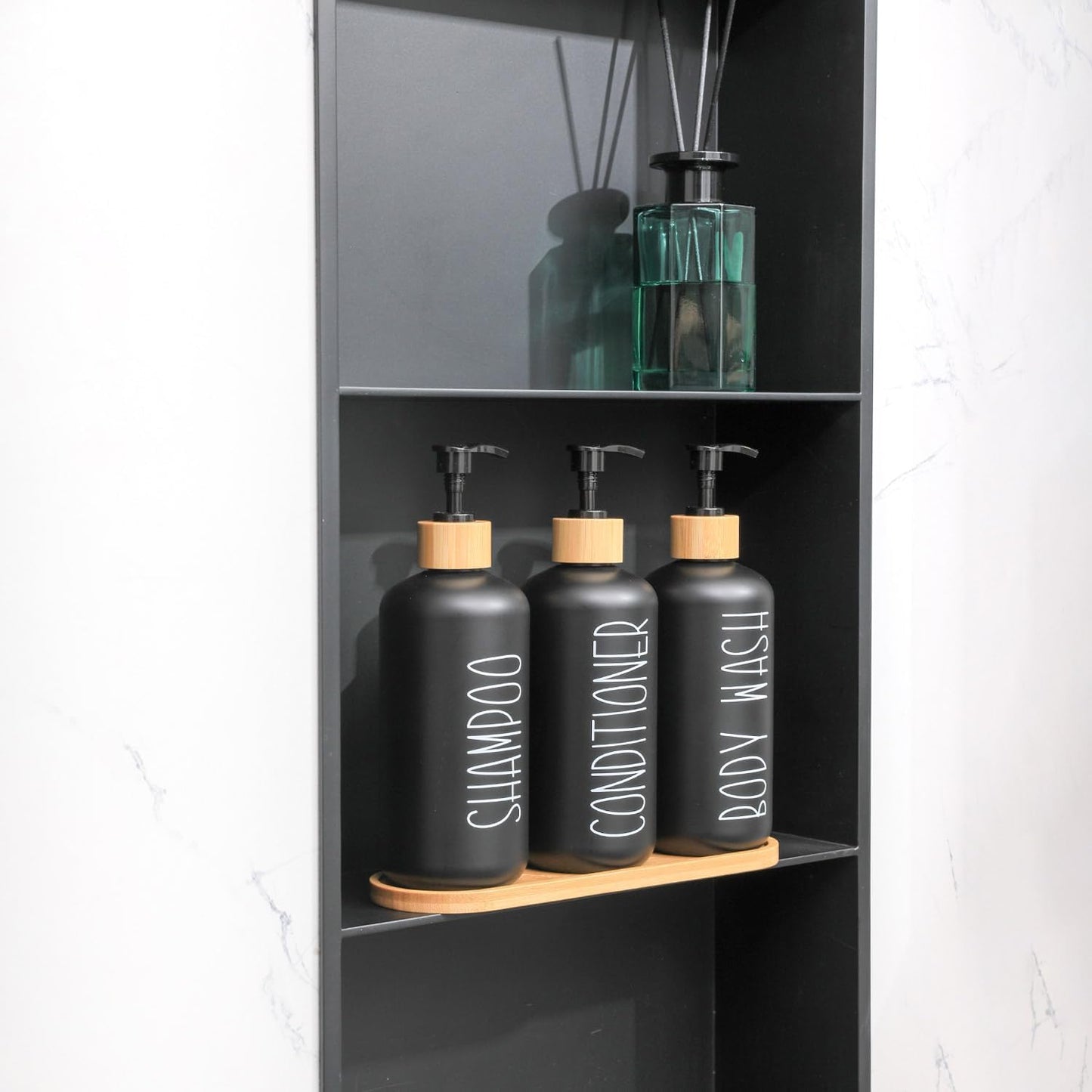 MOMEEMO Black Shower Soap Dispenser Set, Contains 3 Extra-Thick PET Plastic Bottles with Bamboo Pumps, Shampoo Bottles Refillable with Pump Perfect for Guest Room Must Haves. (Black)
