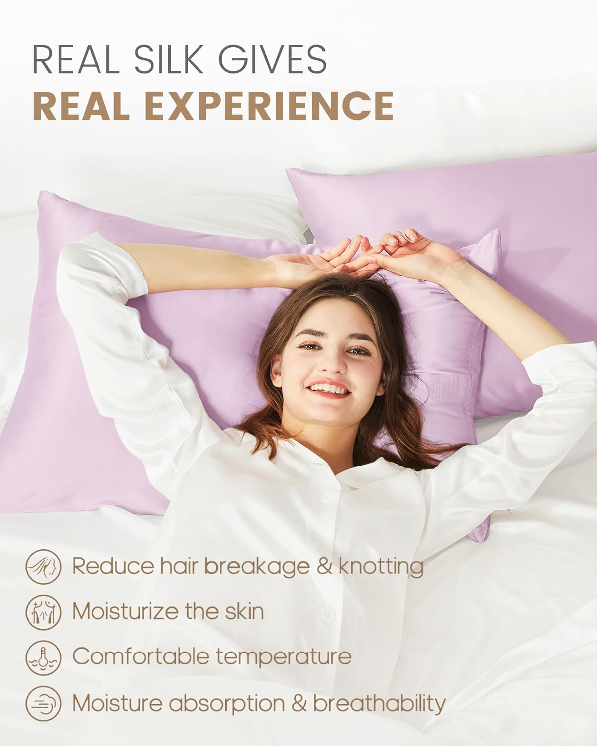 THXSILK 100% Mulberry Silk Pillowcase for Hair and Skin Health, Soft Breathable and Smooth Pillowcase with Hidden Zipper, Both Sides Premium Grade 6A+ Silk, 1pc (Standard 20"x26", Light Purple)