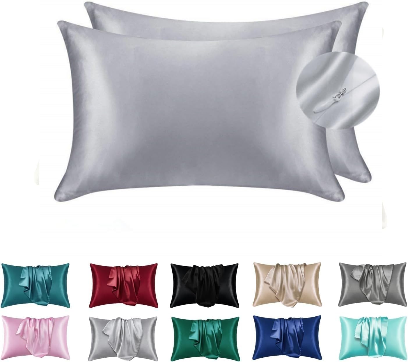 Juwenin Bedding,Luxury Satin Pillowcase with Zipper (Silky Satin Pillow Case for Hair) Set of 2 (Silver, Standard(20''x26''))