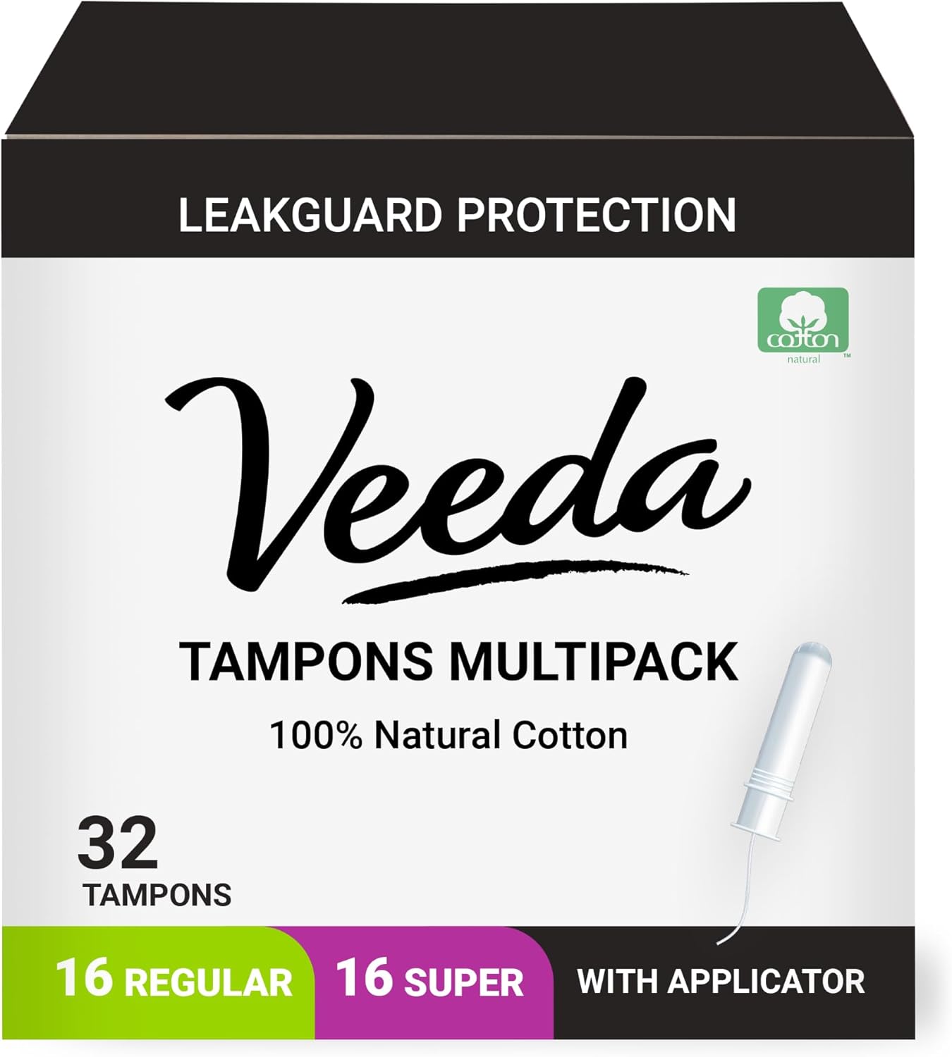 Veeda 100% Natural Cotton Compact Regular and Super Tampons - Compact BPA-Free Applicator - Unscented, Chlorine & Toxin Free - 16 Count Regular & 16 Count Super