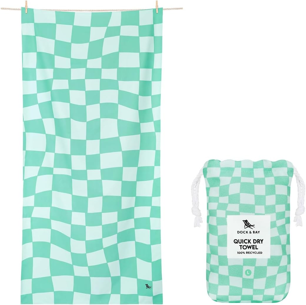 Dock & Bay Beach Towel - Quick Dry, Sand Free - Compact, Lightweight - 100% Recycled - Includes Bag - Check Mate - Extra Large (200x90cm, 78x35)