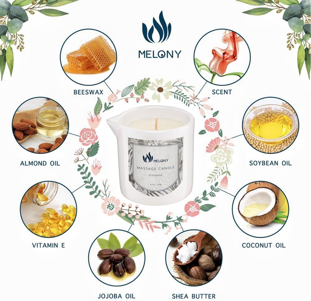 MELONY Soy Massage Oil Candle | Coconut | 8.1OZ / 230G | Perfect Intensive Skin Treatment Candle | Nourishing with Almond Oil, Shea Butter & Cocoa Butter | Massage & Moisturise