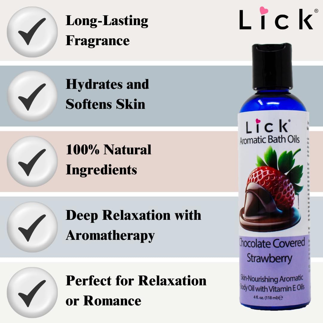 LICK Chocolate Covered Strawberry Aromatic Bath Oil - Natural Sweet Almond, Vitamin E & Jojoba Oils for Luxurious Experience for Women. Moisturizes Dry Skin, 12 Enchanting Aromas, Made in USA 4 fl oz