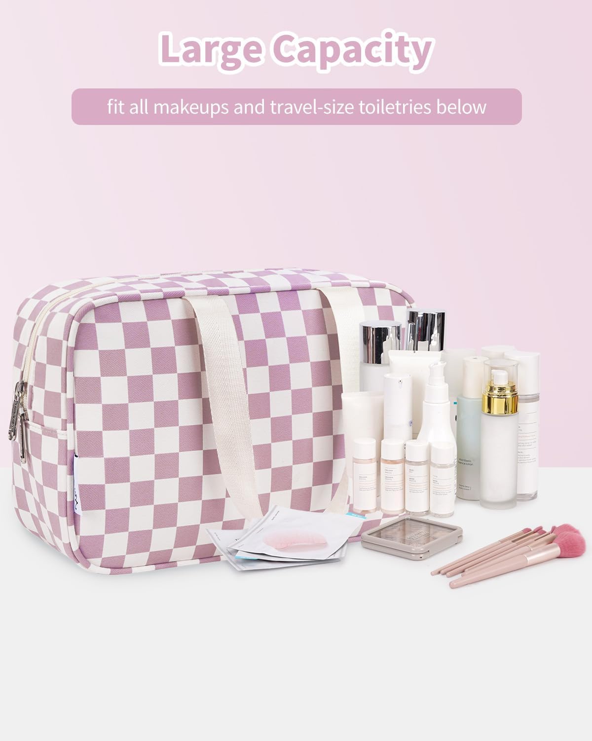 Narwey Large Checkered Travel Toiletry Bag Women Toiletries Bag Pink Makeup Bag Organizer Make up bag Cosmetic Bag Medicine Bag for Girls (Dusty Rose Checkerboard, Large)
