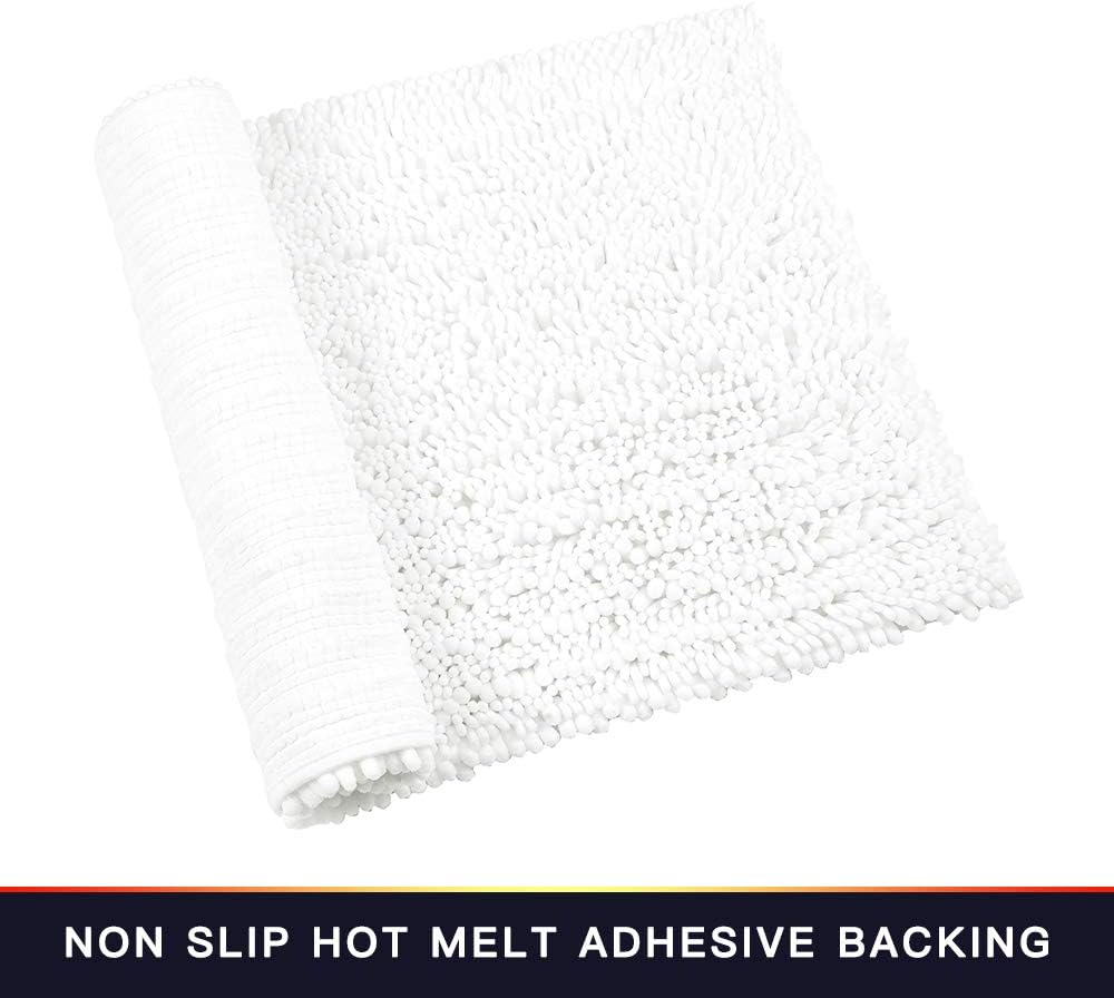 Walensee Bathroom Rug Non Slip Bath Mat (24x17 Inch White) Water Absorbent Super Soft Shaggy Chenille Machine Washable Dry Extra Thick Perfect Absorbant Best Small Plush Carpet for Shower Floor