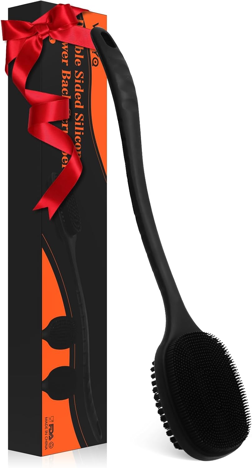 VWMYQ Back Scrubber for Shower, New Update Double Sided Body Scrub Brush Long Handle with Soft Silicone Bristles and Stiff Nylon Bristles for Shower Exfoliating and Massage Can Produce More Rich Foam