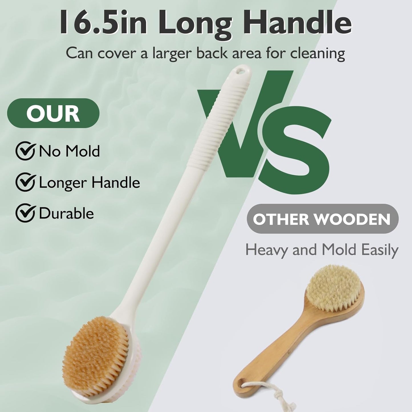 VANZAVANZU 17 Inch Anti-Slip Long Handle Back Scrubber for Shower – Dual-Sided Shower Brush and Shower Back Scrubber with Soft and Stiff Bristles for Wet or Dry Brushing (Cream White)