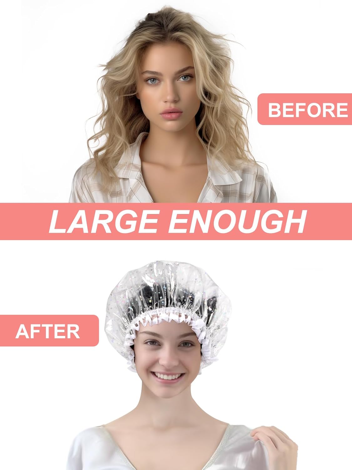 Auban Luxury Shower Cap Reusable Waterproof for Women Sequin Lined Hair Cap for Shower Plastic Cap for Long Hair Large Double Layer Bath Cap Travel Essential & Cleaning Supplies