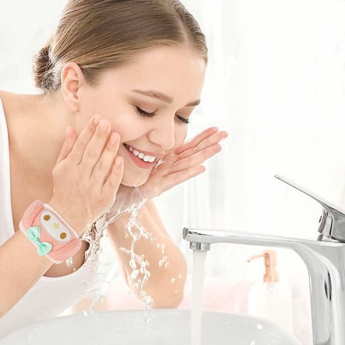 Kawaii Spa Headband and Wristband Set for Face Washing, Cute Soft Skincare Headbands for Women Girls, Fluffy Makeup Headband for Washing Face, Bath, Shower, Beauty