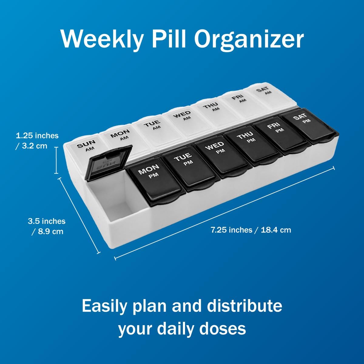 Amazon Basic Care (7-Day) AM/PM Pill Organizer, Vitamin Case, And Medicine Box, Large Compartments, 2 Times a Day, Black and Clear Lids