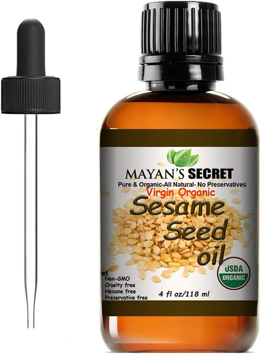 Mayan's Secret USDA Certified Virgin Organic Sesame Seed Oil Unrefined 100% Pure Natural For Skin, Body, Face, and Hair Growth Large 4oz Glass Bottle