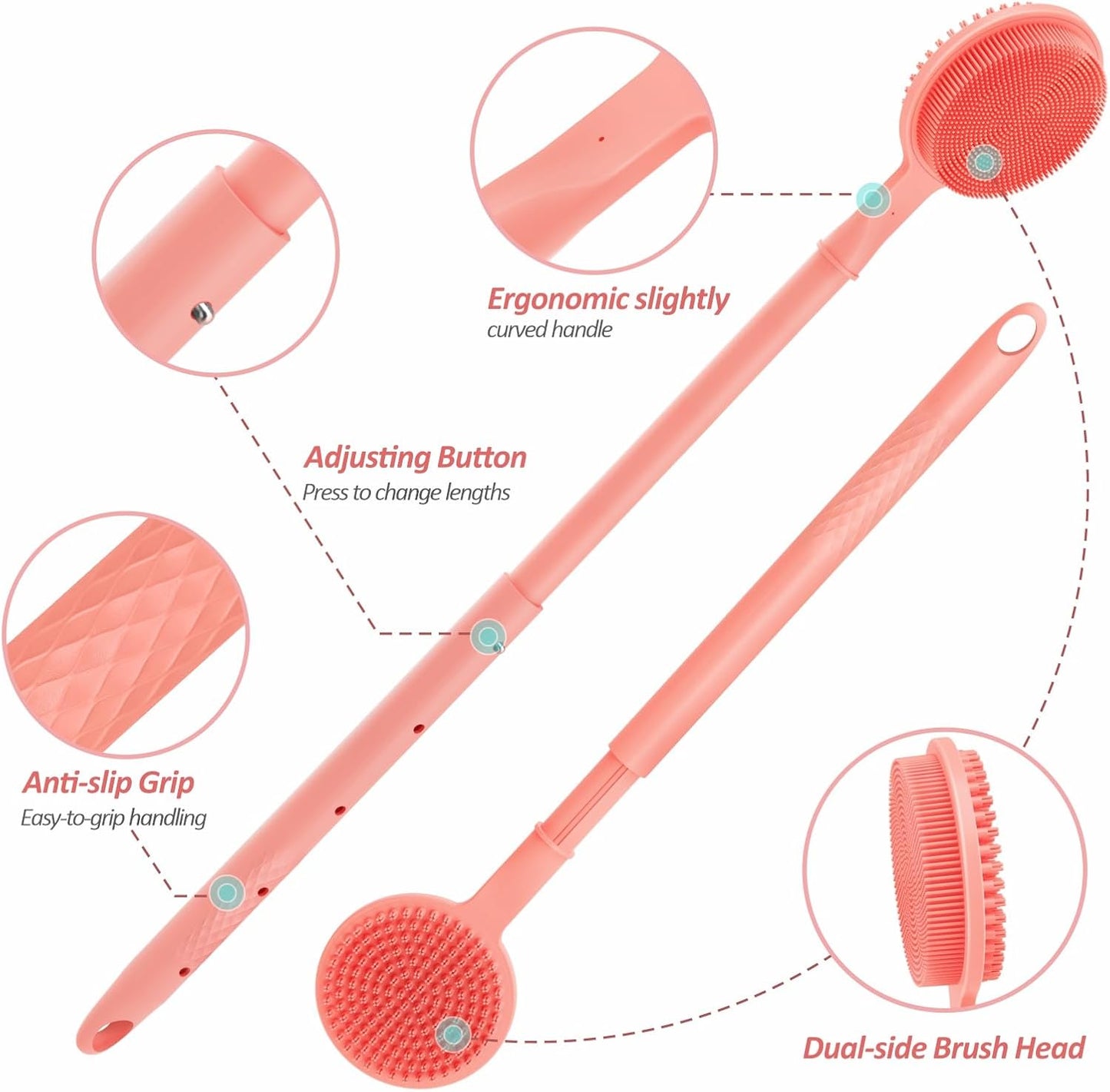 Adjustable Silicone Back & Face Scrubber Set, 16''-24'' Extendable Shower Back Scrubber with Dual-Side Head and Lathering Bristles, Manual Face Scrubber with Soft Bristle Non-Slip Handle(Pink)