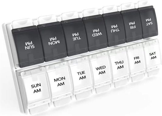 Sukuos AM PM Weekly 7 Day Pill Organizer, 2 Times A Day Pill Box with Arthritis Friendly Push Button, Medicine Cases for Vitamin/Fish Oil/Supplements, Easy to Clean (Black&White)