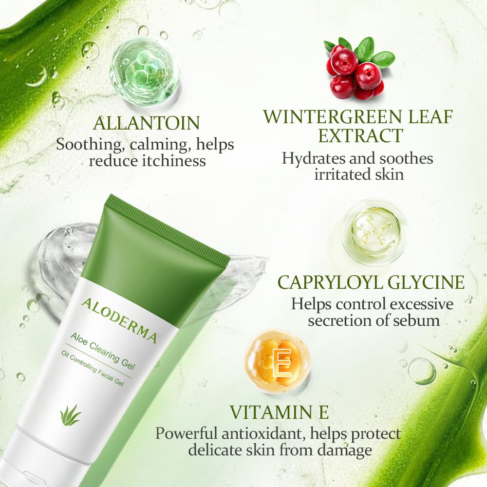 Aloderma Aloe Clearing Gel for Clear Complexion with 90% Organic AloeVera - Moisturizing, Oil Controlling Facial Lotion with Allantoin, Wintergreen Extract - Soothing, Calming Aloe Gel, 6btl x 2.8oz