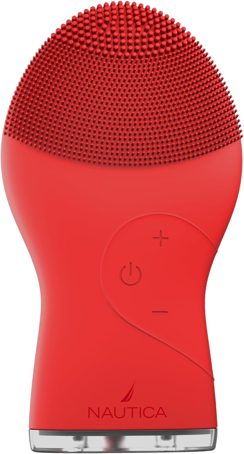 Nautica PC120 Facial Cleansing Brush Made with Ultra-Hygienic Soft Silicone, Waterproof, Rechargeable Vibrating Face Exfoliator Scrub Brush with Sonic Technology for Men & Women - Dancing Red
