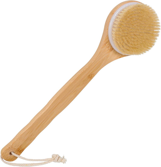 OWIIZI Back Scrubber Brush for Shower, Round Head Bristle Body Large Area Deep Cleanse Bath Brushes, Bamboo Long Handle Skin Exfoliator for Men Women Elders Wet or Dry Use