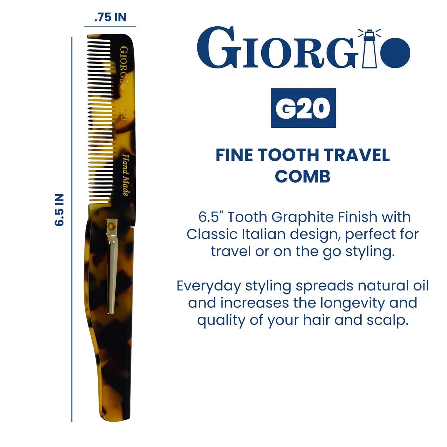 Giorgio G20 Folding Mustache and Beard Comb - Small Fine Tooth Pocket Comb for Everyday Hair Care - Sawcut and Hand Polished Pocket and Styling Combs - Handcrafted