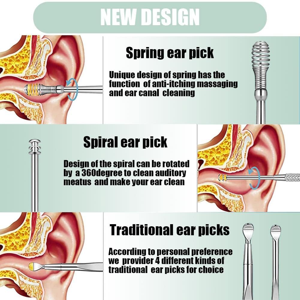 6 Pcs Ear Pick Earwax Removal Kit, Cleansing Tool Set, Curette Cleaner, 360degree Spiral Design Canal Cleaner Stainless Steel, with a Storage Box Portable Kit (Green), 11.7x2.8x2cm
