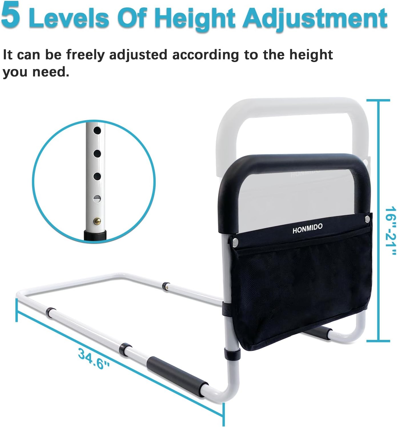 Bed Rails for Elderly Adults Safety Height Adjustable Bed Assist Rail for Seniors Bedside Fall Prevent Grab Bar with Storage Pocket Fits King Queen Full Twin Bed(White)