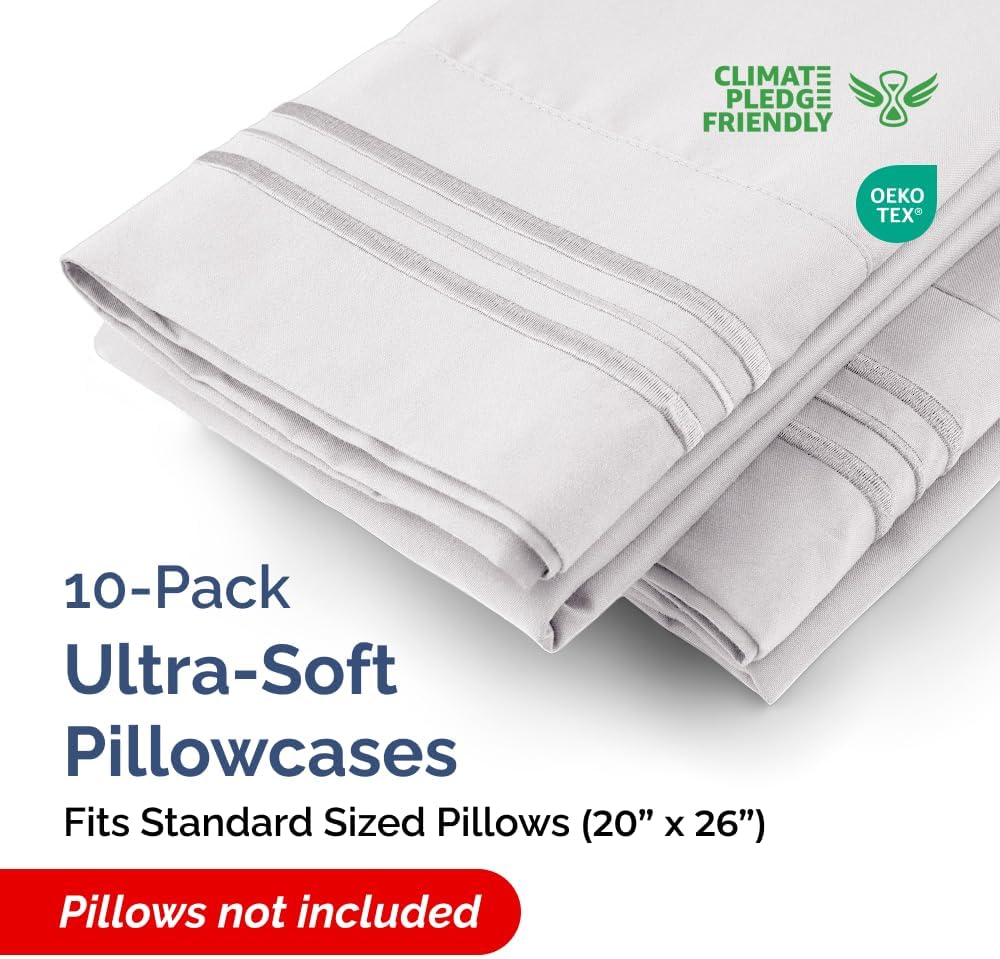 Standard Pillow Cases Set of 10 - Ultra Soft Hotel Quality Pillowcase Covers - Comfy & Wrinkle Free - Shrink, Stain and Fade Resistant - Machine Washable Pillow Protectors - 10 Piece Set - French Grey