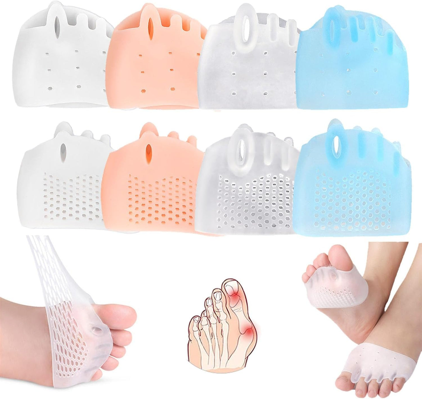 4 Pairs Silicone Toe Separators for Women & Men,Bunion Corrector Cushions,Metatarsal Pads,Soft&Breathable Gel Foot Cushions for Pain Relief,Realigns Crooked Toes, Great for Bunion,Hammer Toes