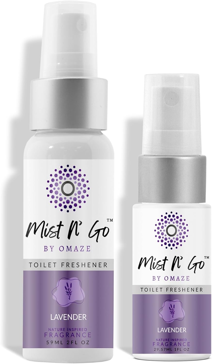 Mist N' Go by Omaze Travel Toilet Spray - Odor Eliminator & Air Freshener - Lavender Daily Pack (3oz x2)