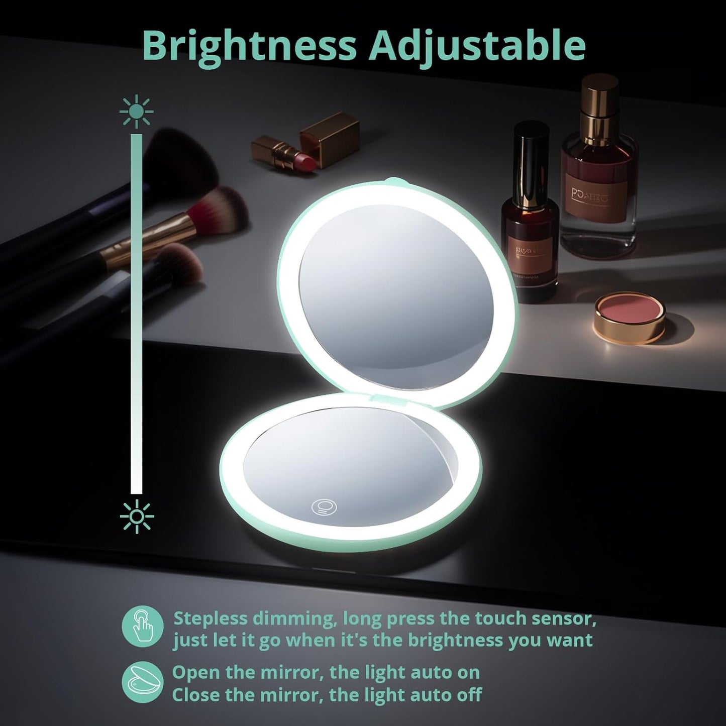 Fabuday Travel Compact Magnifying Makeup Mirror with Lights - Large 4.8'' Wide Led Lighted Portable Mirror with 1x/20x Magnification, Rechargeable Small Foldable 3 Color Lighting Mirrors, Cyan