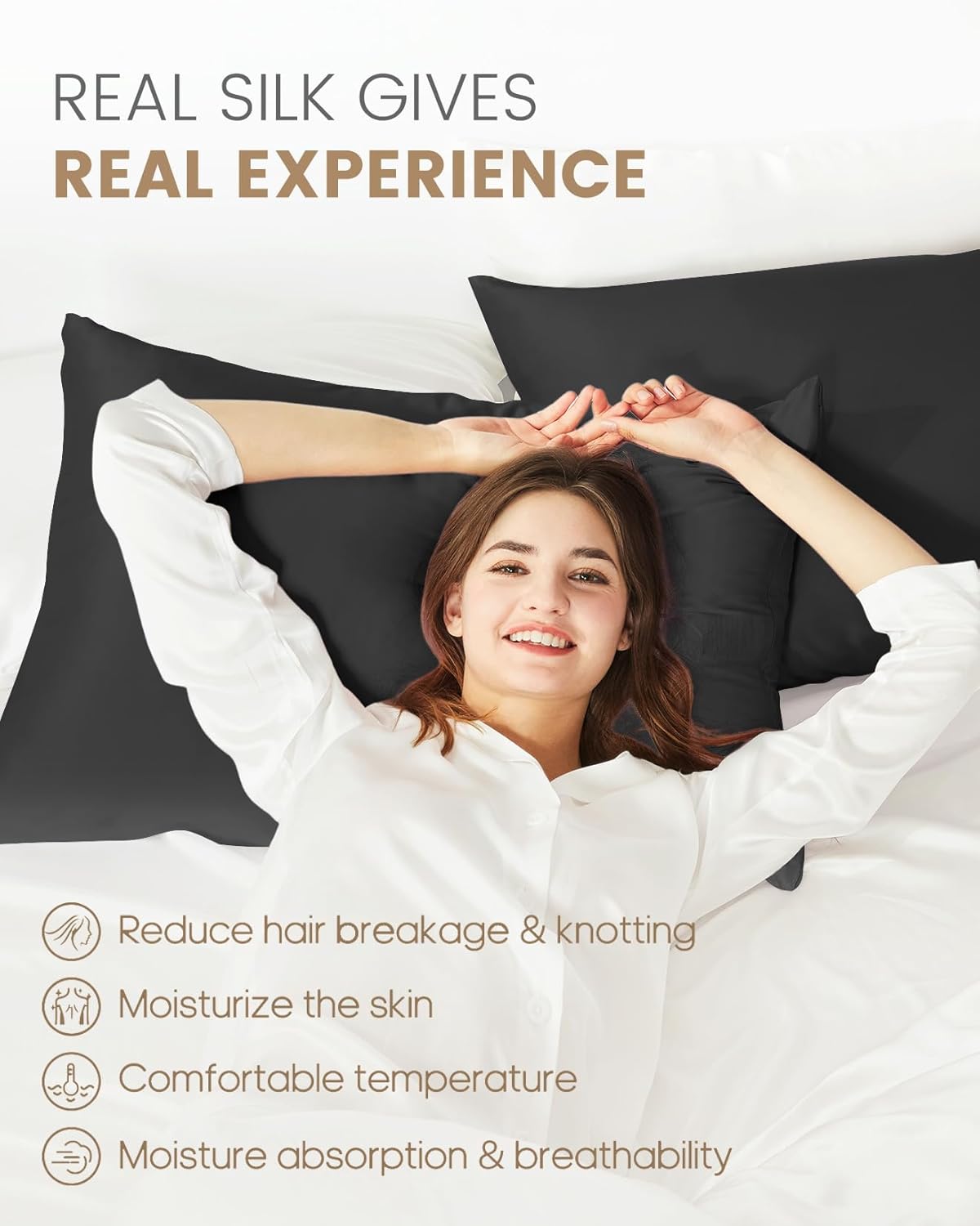 THXSILK Set of 2 100% Mulberry Silk Pillowcase for Hair and Skin, Both Sides 19 Momme Pure Natural Silk Pillowcases, Soft and Breathable Black Zipper Pillowcases, Queen Size 20"×30"