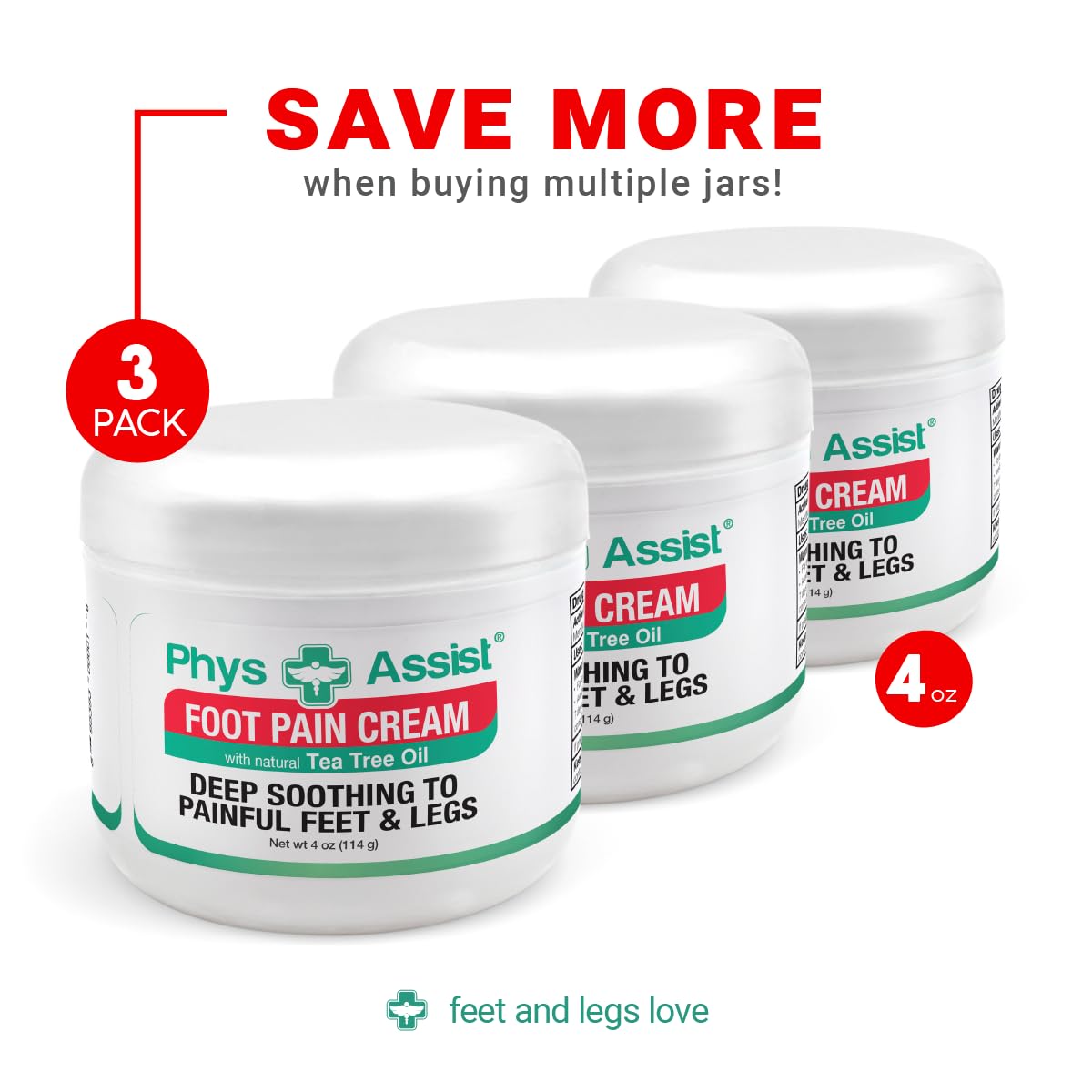 PhysAssist Soothing Foot Cream to Feet and Legs (Three - 4 oz jars) Soothing to feet and Legs.
