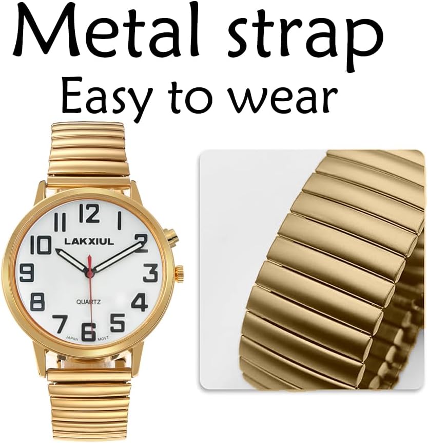 English Talking Watch with Large Numbers, Time-Date Announcement, Stainless Steel Telescopic Strap, Alarm Clock