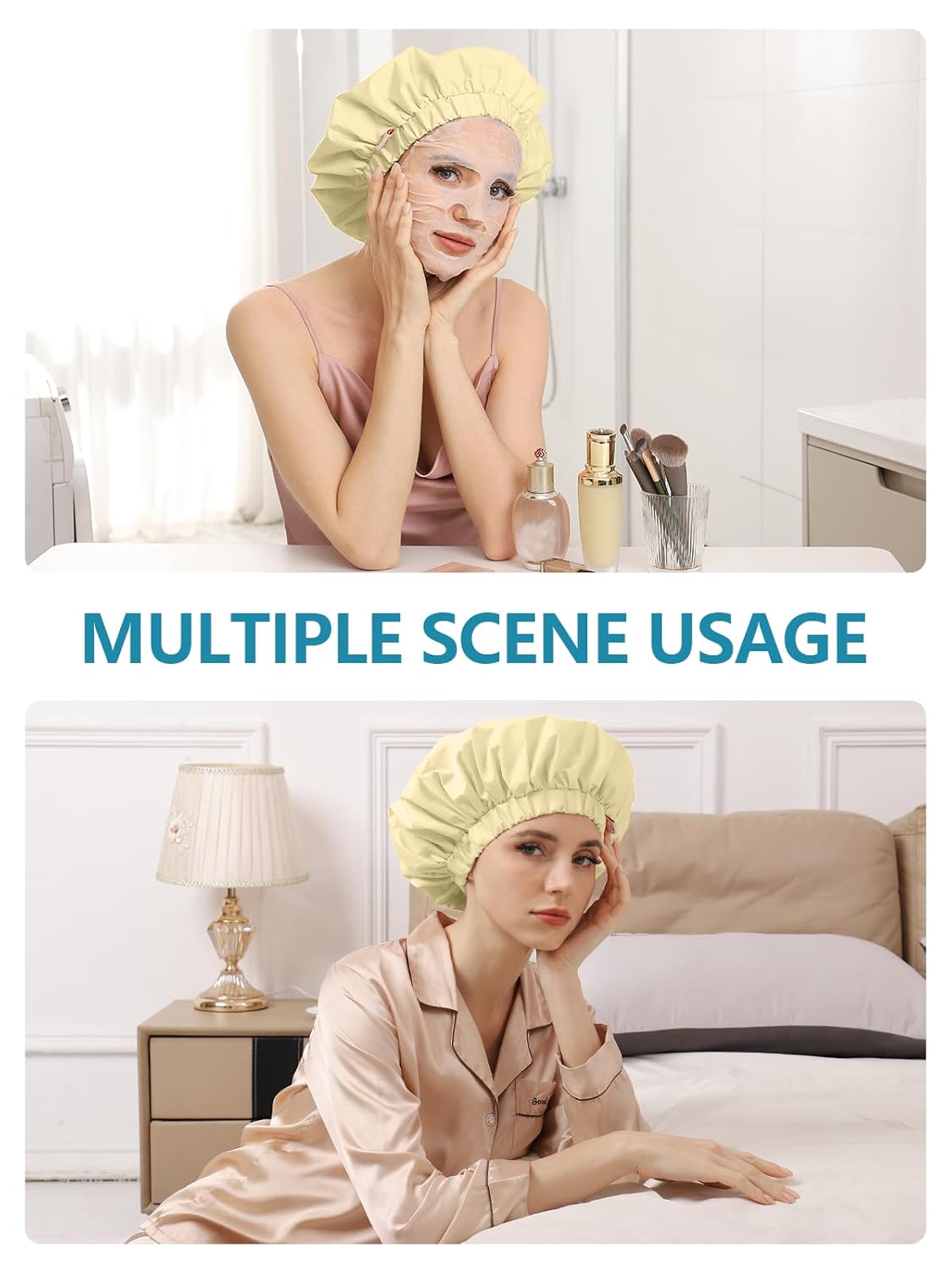 Years calm Reusable Waterproof Shower Caps for Women, Hair Caps for Showers, Double-Layer Elastic Design, for All Hairstyles, Travel-Friendly (Yellow)