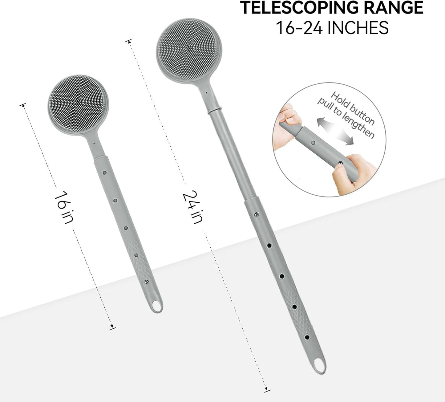 Back Scrubber for Shower, (16-24 Inch) Extendable Bath Brush Long Handle for Shower, Silicone Body Scrubber with Handle, Back Brush for Shower Men and Women,Easy to Clean (Gray)