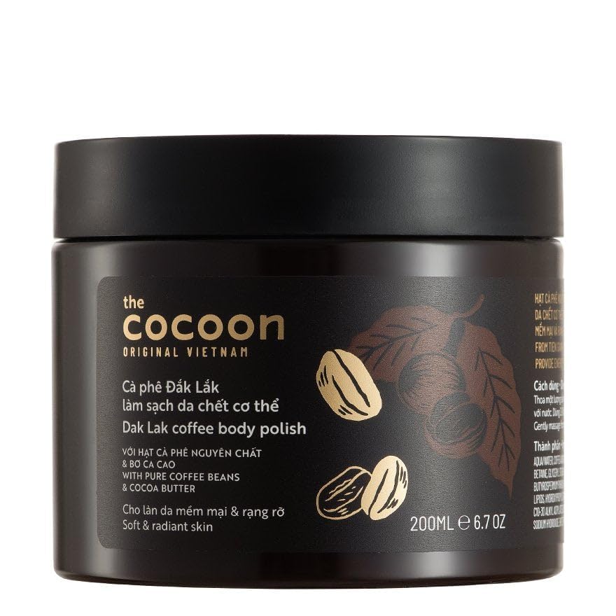 Cocoon Dak Lak Coffee Scrub Body, Exfoliating Body Scrub Organic with Coconut & Shea Butter, Dead Skin Remover for Body, Moisturizing Body for Sensitive Skin, Fragrance Free | Gift for Coffee Lovers