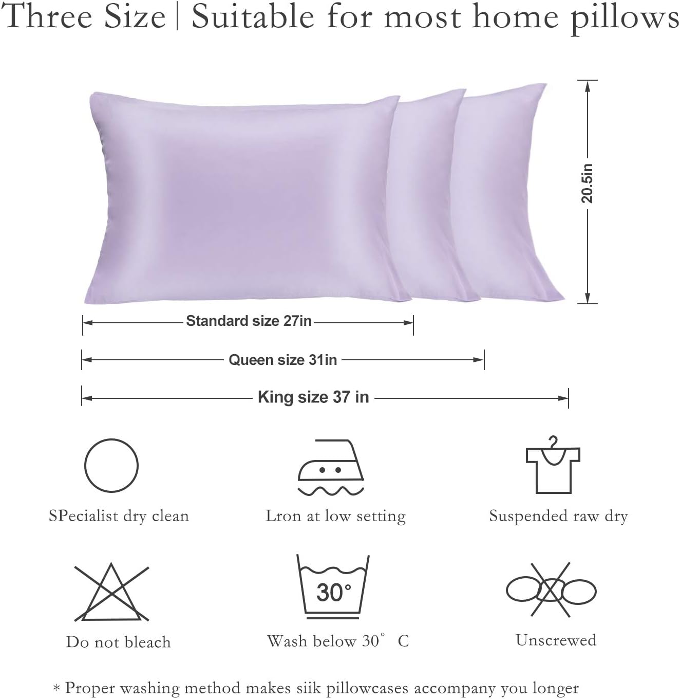 Silk Pillowcase for Hair and Skin 2 Pack 100% Mulberry Silk Bed Pillowcase Hypoallergenic Soft Breathable Both Sides Silk Pillow Case with Hidden Zipper, Pillow Cases (King, Light Purple)