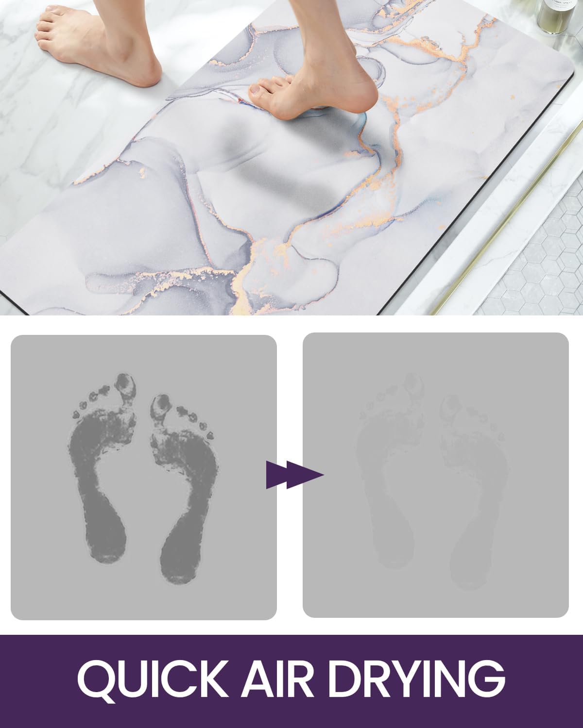 DEXI Bathroom Mat Ultra Thin, Non Slip Bath Rug for Shower Floor, Absorbent Quick Dry Marble Bathmats Low Profile, 17x32, Light Grey