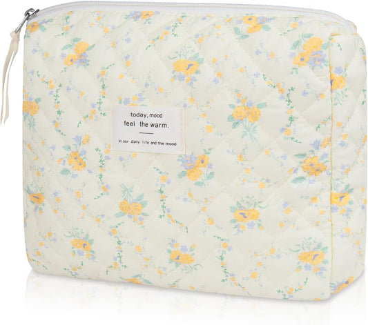 Floral Makeup Bag, Small Cosmetic Bag for Women Girls, Cute Cotton Makeup Bag, Quilted Makeup Bags, Flower Travel Toiletry Organizer Bag(Yellow Flowers)