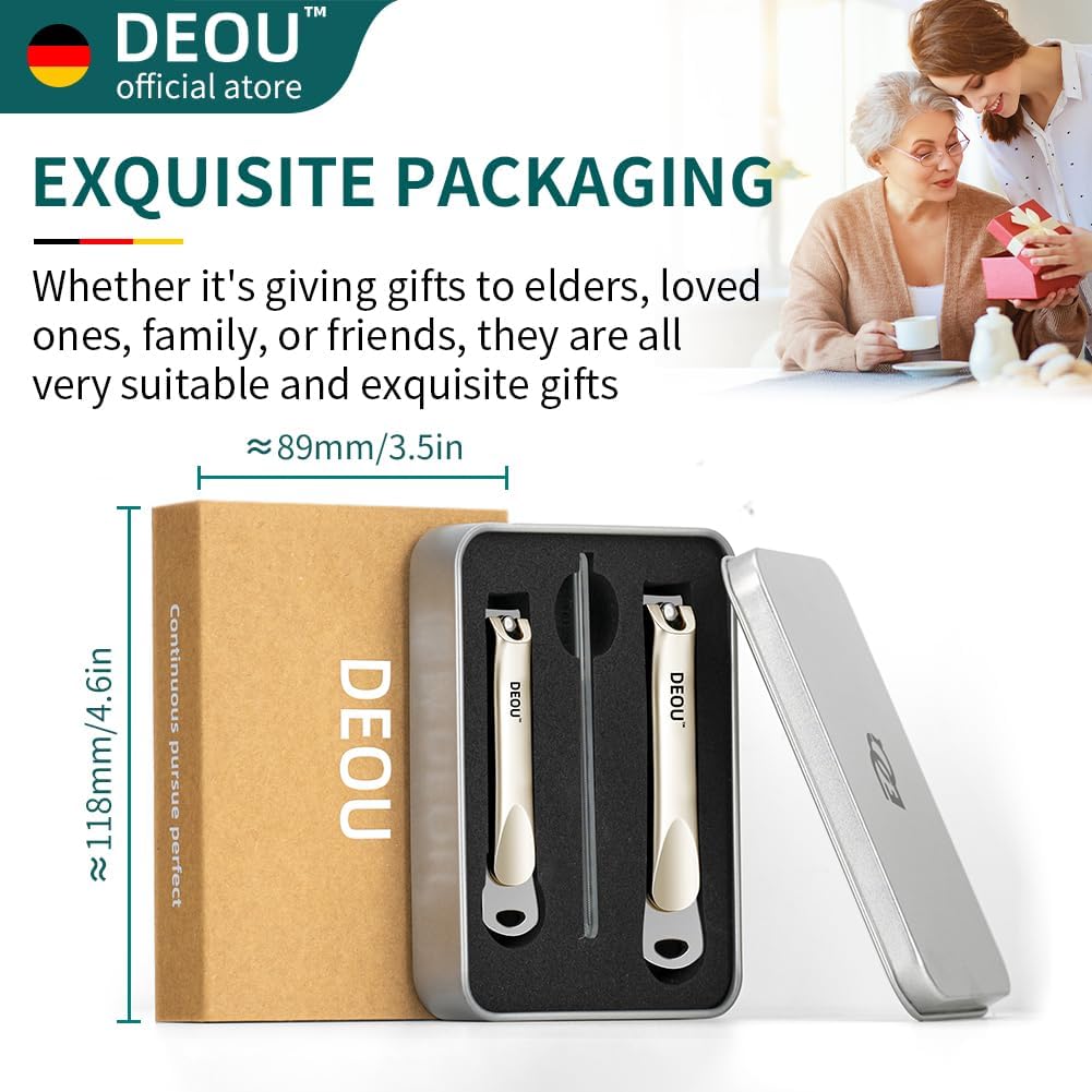 DEOU 3-in-1 Professional Nail Clipper Set - Stainless Steel Large/Medium Flat-Edge Clippers with Built-in Nail File, Champagne-Colored Nail Care Tools, Exquisitely Gift-Packaged for Home & Travel Use
