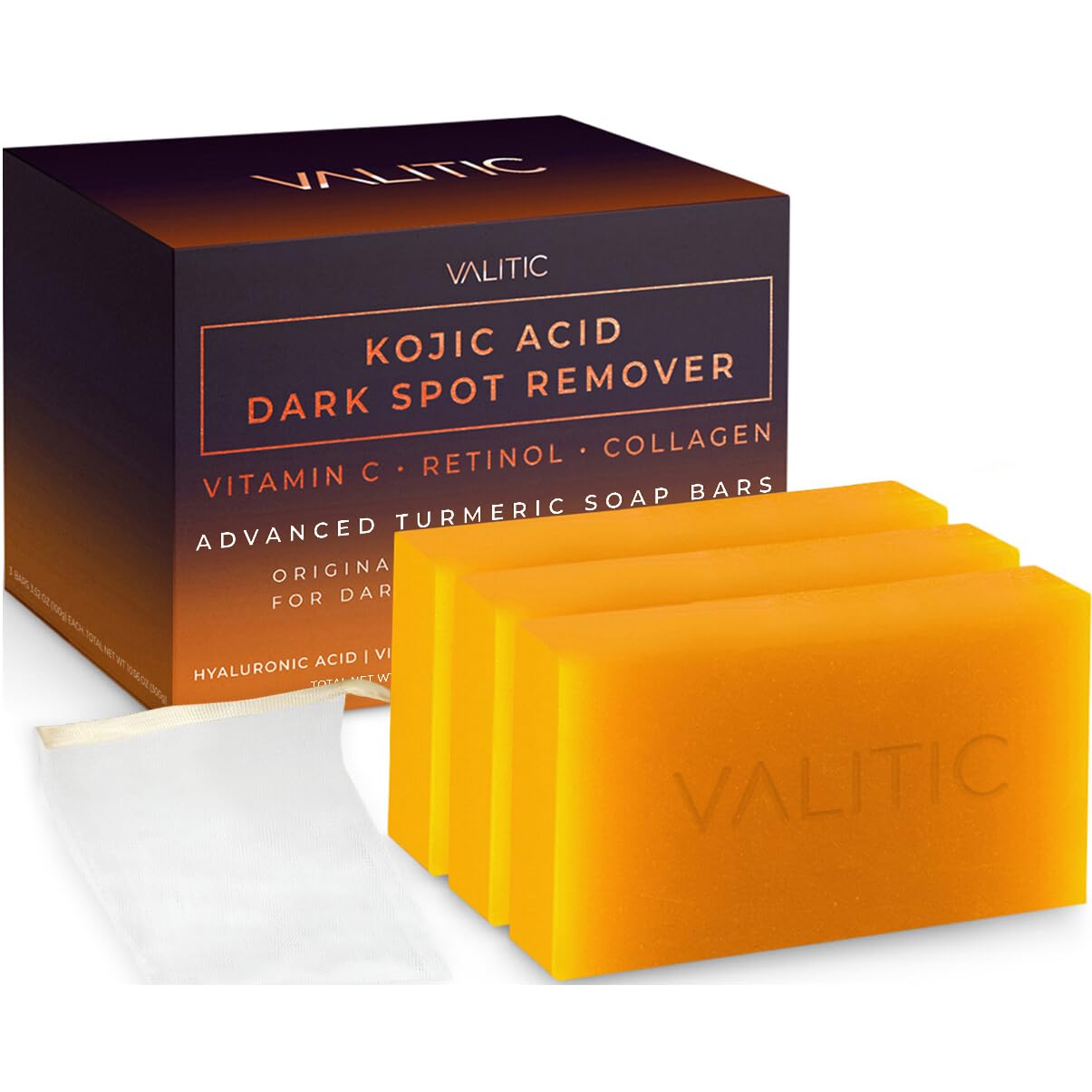 Valitic Unisex Dark Spot Corrector Bar, 100g - Exfoliating, SLS and Paraben-Free Turmeric Soap for Skin Tone Correction, Vitamin C, Retinol and Collagen Blend