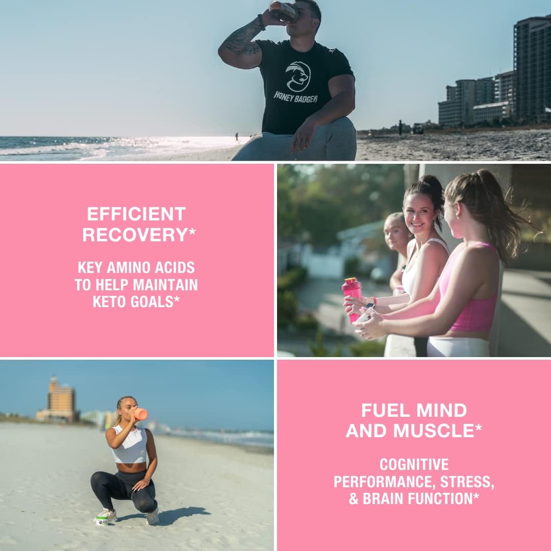 Honey Badger BCAA + EAA Amino Acids Powder, BCAAs + L-Glutamine, Keto, Vegan, Sugar Free for Men & Women, Hydration & Post Workout Muscle Recovery Drink Mix, Pink Lemonade, 30 Servings