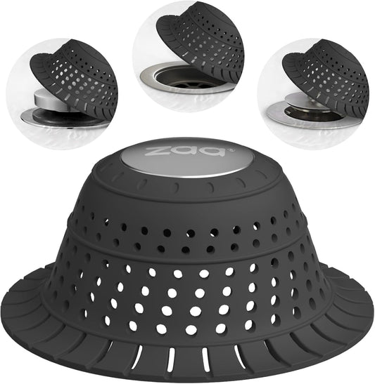 zaa Bathtub Drain Hair Catcher, Silicone Collapsible 1 Pack Drain Protector for Pop-Up and Regular Drains of Shower,Tub, Bathroom, Sink, Charcoal Black