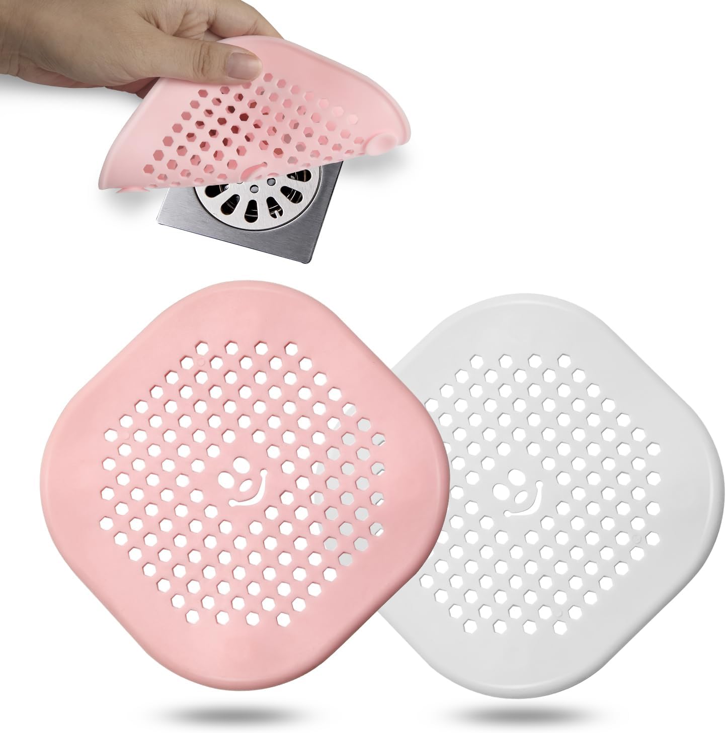 2 Pack Drain Hair Catcher Durable Silicone Drain Protector Hair Stopper with Suction Cup for Shower Kitchen Bathroom (pinkwhite)