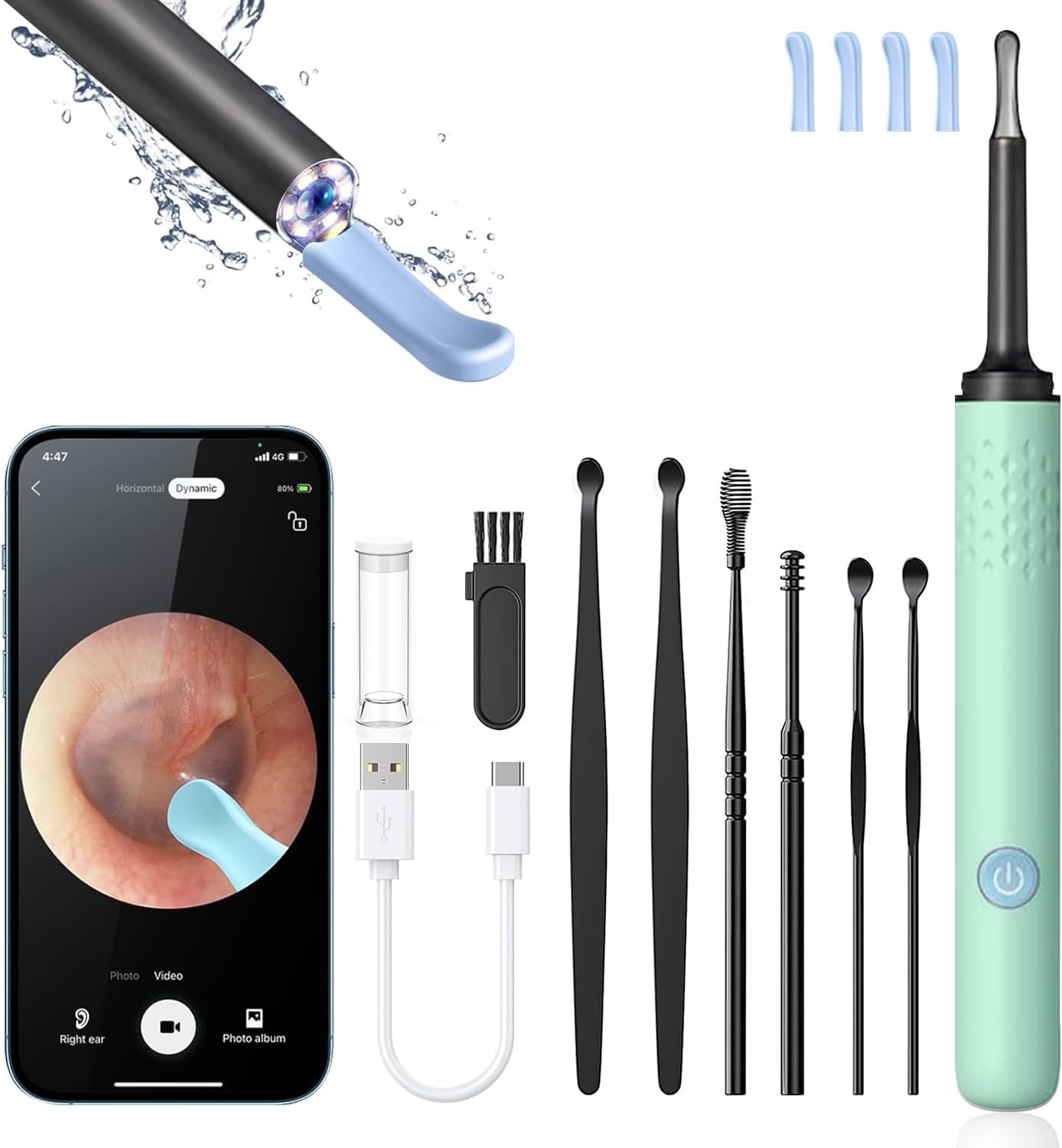 Ear Wax Removal Tool Camera - Ear Cleaner with 1080P HD Camera, Otoscope with Light, Earwax Removal Kit for iPhone, iPad, Android Phones (Green)